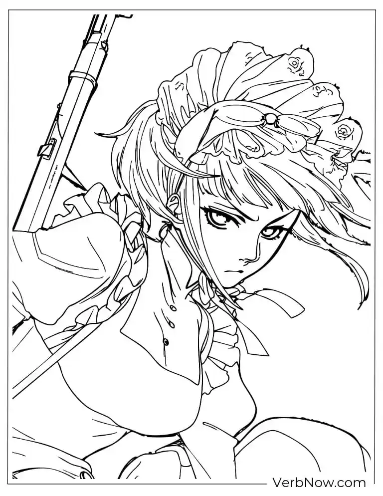 Anime Girl Maid with Rifle Coloring Page