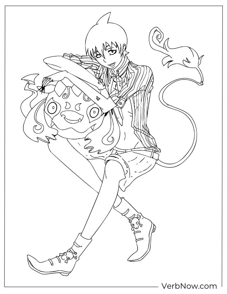 22 Free Blue Exorcist Coloring Pages (Printable PDF) Rin Okumura jumping forward with flames and his sword