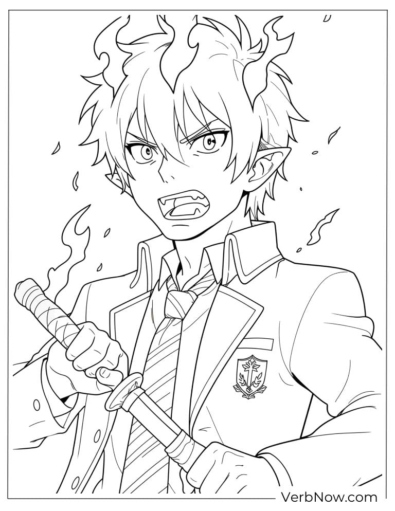 22 Free Blue Exorcist Coloring Pages (Printable PDF) Rin surrounded by blue flames, gripping his sword with determination