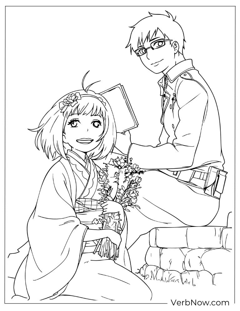 22 Free Blue Exorcist Coloring Pages (Printable PDF) Shiemi sitting peacefully while Yukio stands behind her protectively