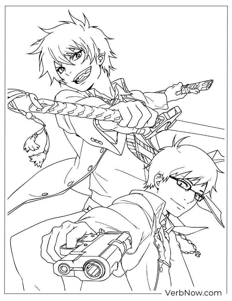 22 Free Blue Exorcist Coloring Pages (Printable PDF) Rin and Yukio fighting together, combining sword skills and gunfire in battle