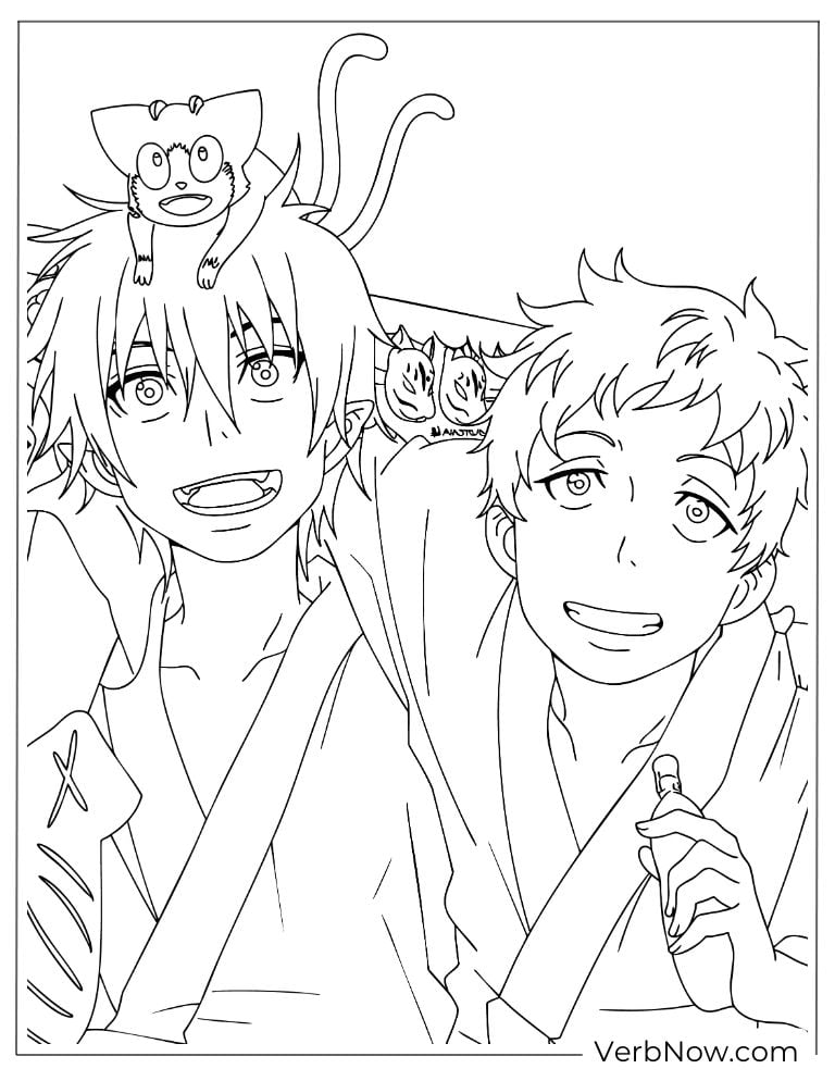 22 Free Blue Exorcist Coloring Pages (Printable PDF) Rin and Yukio smiling side by side with a playful demon on Rin’s head