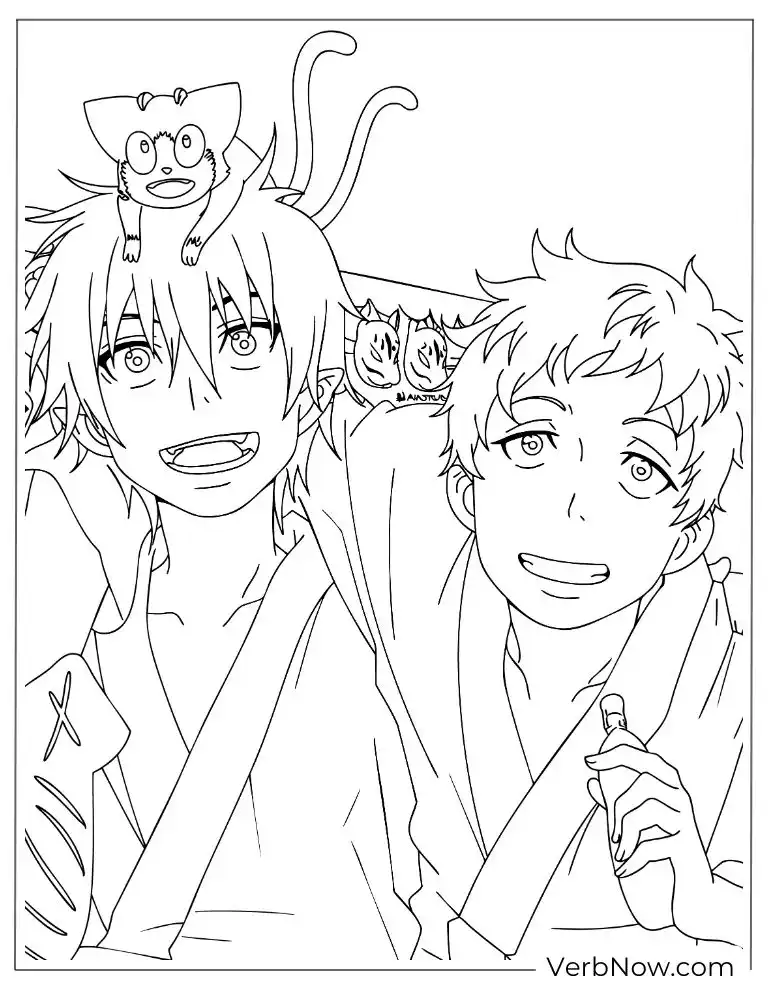22 Free Blue Exorcist Coloring Pages (Printable PDF) Rin and Yukio smiling side by side with a playful demon on Rin’s head