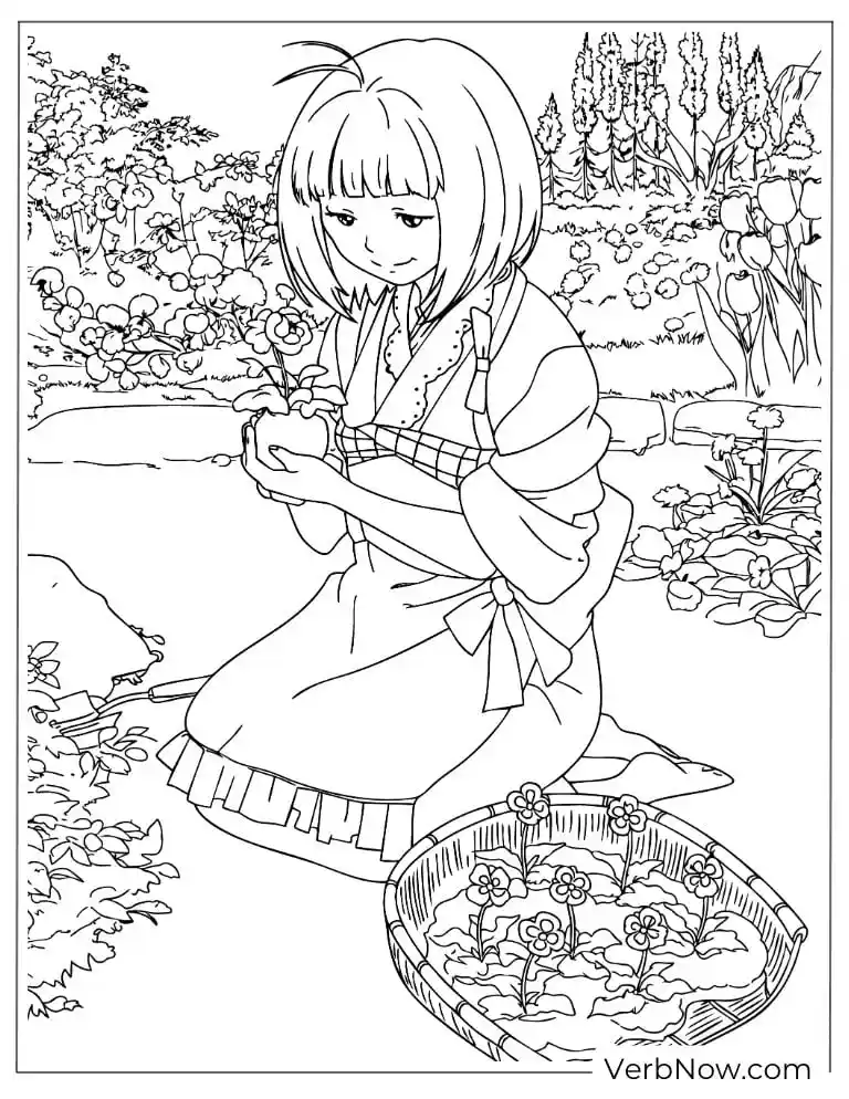 22 Free Blue Exorcist Coloring Pages (Printable PDF) Shiemi kneeling in a flower garden