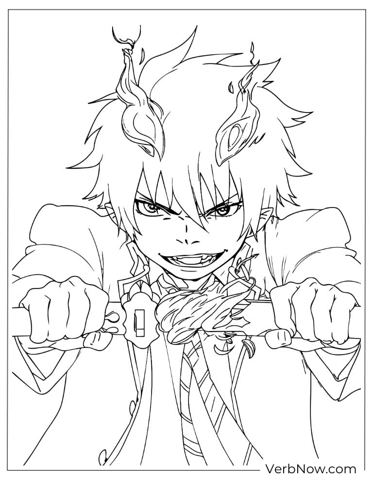 22 Free Blue Exorcist Coloring Pages (Printable PDF) Rin in demon mode, clenching his fists with intense flames and rage