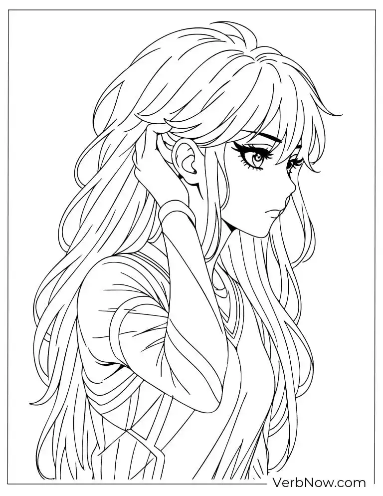 22 Free Blue Lock Coloring Pages (100% Printable PDF) A thoughtful girl touching her hair with a calm, gentle gaze