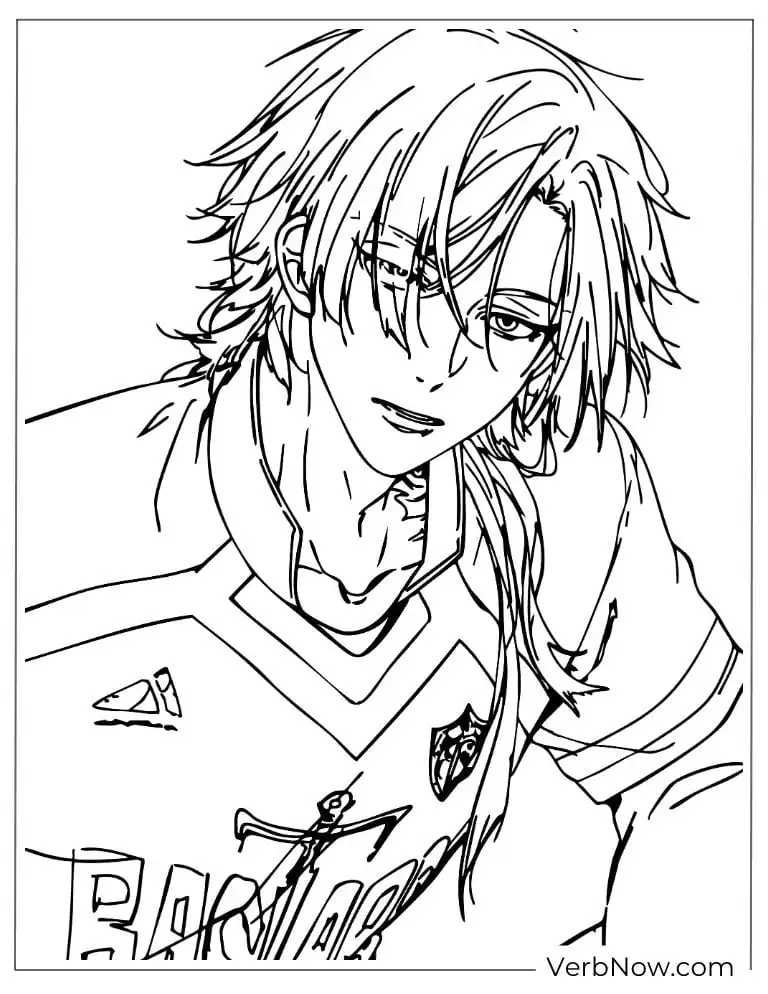 22 Free Blue Lock Coloring Pages (100% Printable PDF) Meguru with long hair giving an intense stare in his team uniform