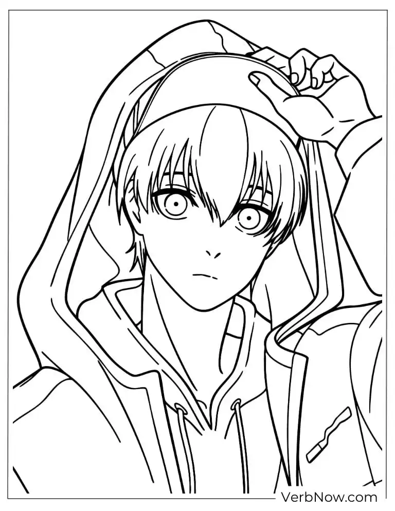 22 Free Blue Lock Coloring Pages (100% Printable PDF) Isagi in a hoodie lifting the hood with striking eyes