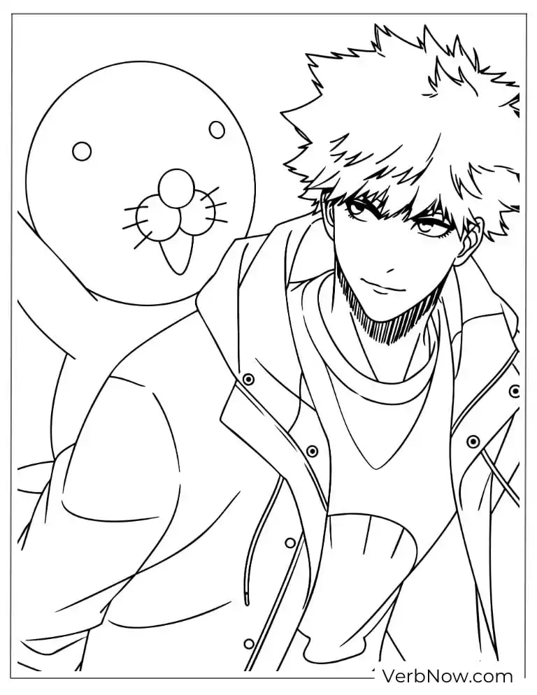 22 Free Blue Lock Coloring Pages (100% Printable PDF) Kunigami with a cute mascot leaning over his shoulder