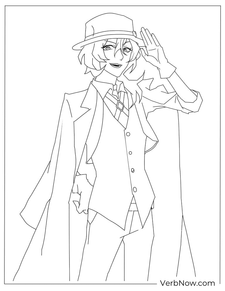 22 Free Bungou Stray Dogs Coloring Pages (Printable PDF) Dazai tipping his hat with a playful and elegant pose