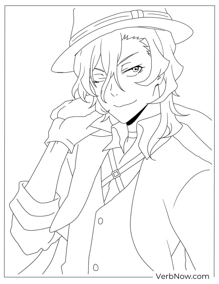 22 Free Bungou Stray Dogs Coloring Pages (Printable PDF) Dazai touching his hat, showing his relaxed and teasing personality.