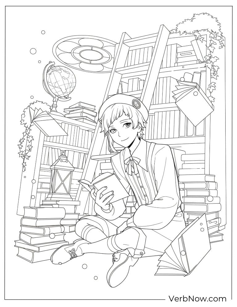 22 Free Bungou Stray Dogs Coloring Pages (Printable PDF) A character surrounded by stacks of books
