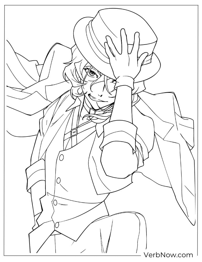 22 Free Bungou Stray Dogs Coloring Pages (Printable PDF) Dazai tipping his hat with a confident smile and stylish outfit