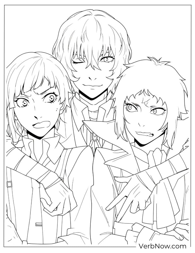 22 Free Bungou Stray Dogs Coloring Pages (Printable PDF) Three characters standing close together with serious expressions