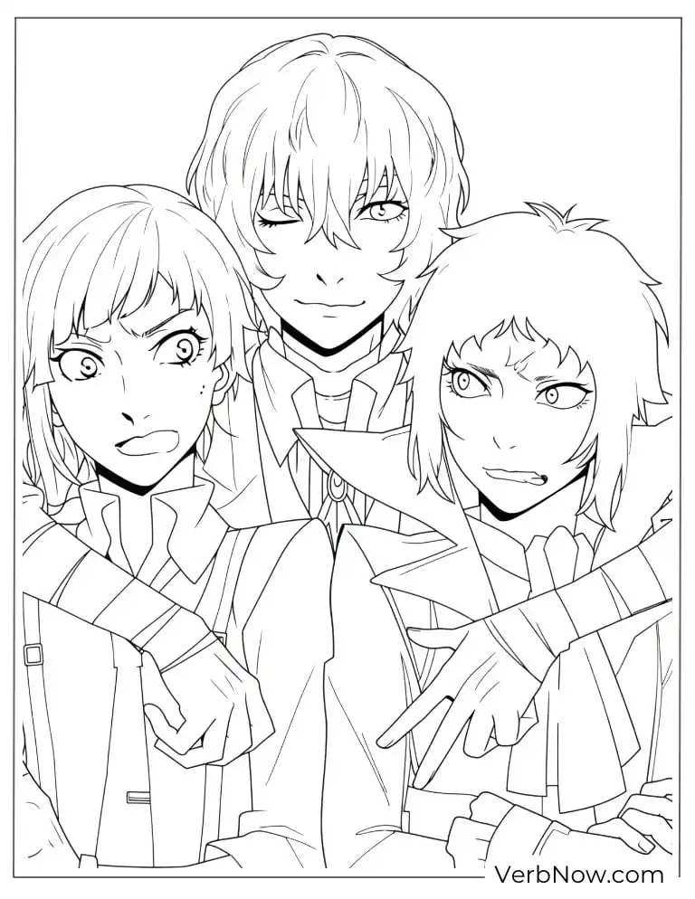 22 Free Bungou Stray Dogs Coloring Pages (Printable PDF) Three characters standing close together with serious expressions