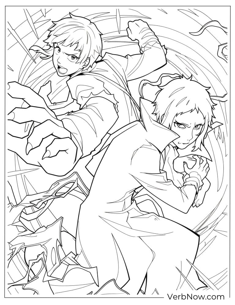 22 Free Bungou Stray Dogs Coloring Pages (Printable PDF) Characters fighting amid swirling motion and energy.