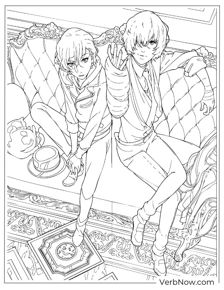 22 Free Bungou Stray Dogs Coloring Pages (Printable PDF) Dazai and Chuuya relaxing on a couch