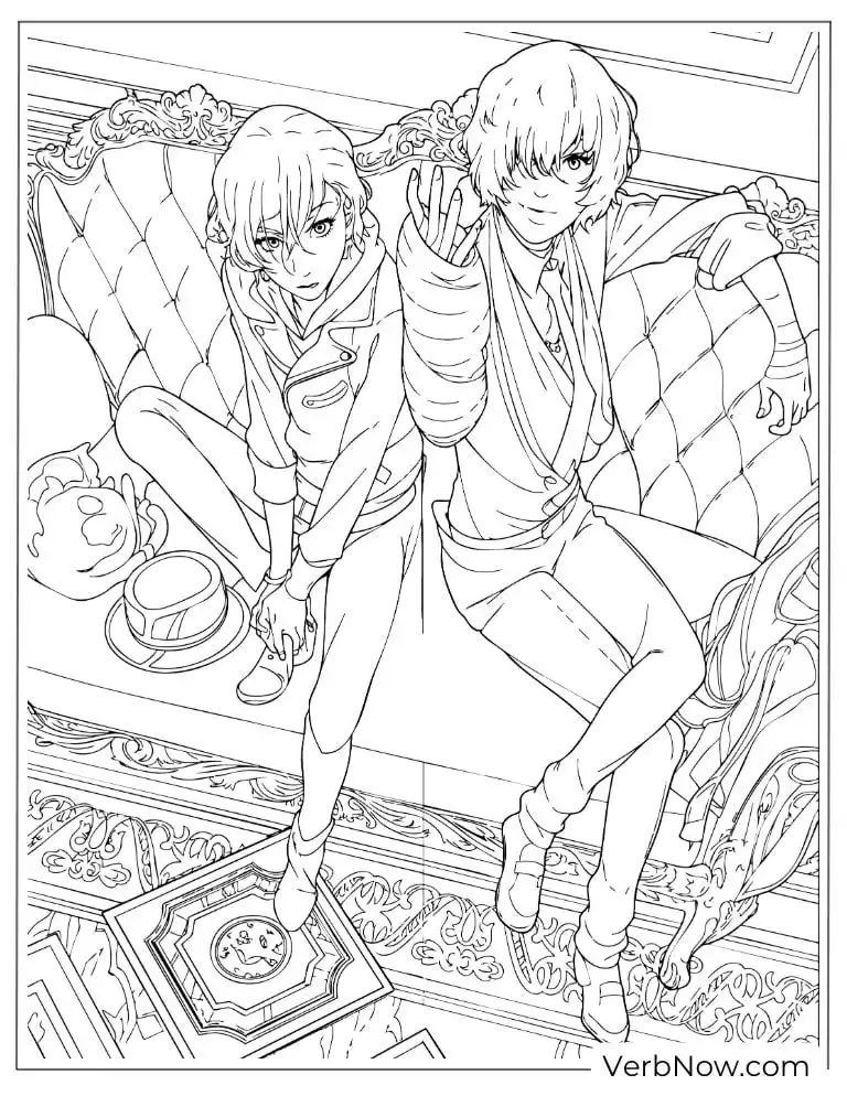 22 Free Bungou Stray Dogs Coloring Pages (Printable PDF) Dazai and Chuuya relaxing on a couch