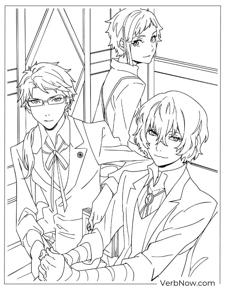 22 Free Bungou Stray Dogs Coloring Pages (Printable PDF) Armed Detective Agency standing together in formal attire