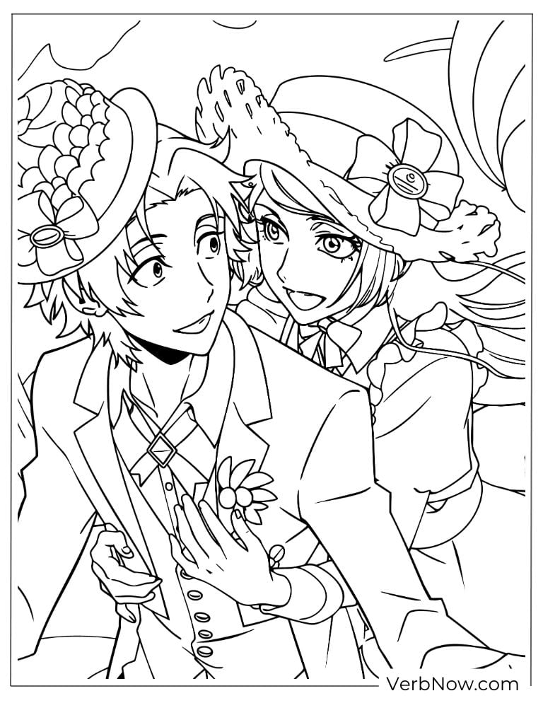 22 Free Bungou Stray Dogs Coloring Pages (Printable PDF) A gentle couple scene with flowers and hats