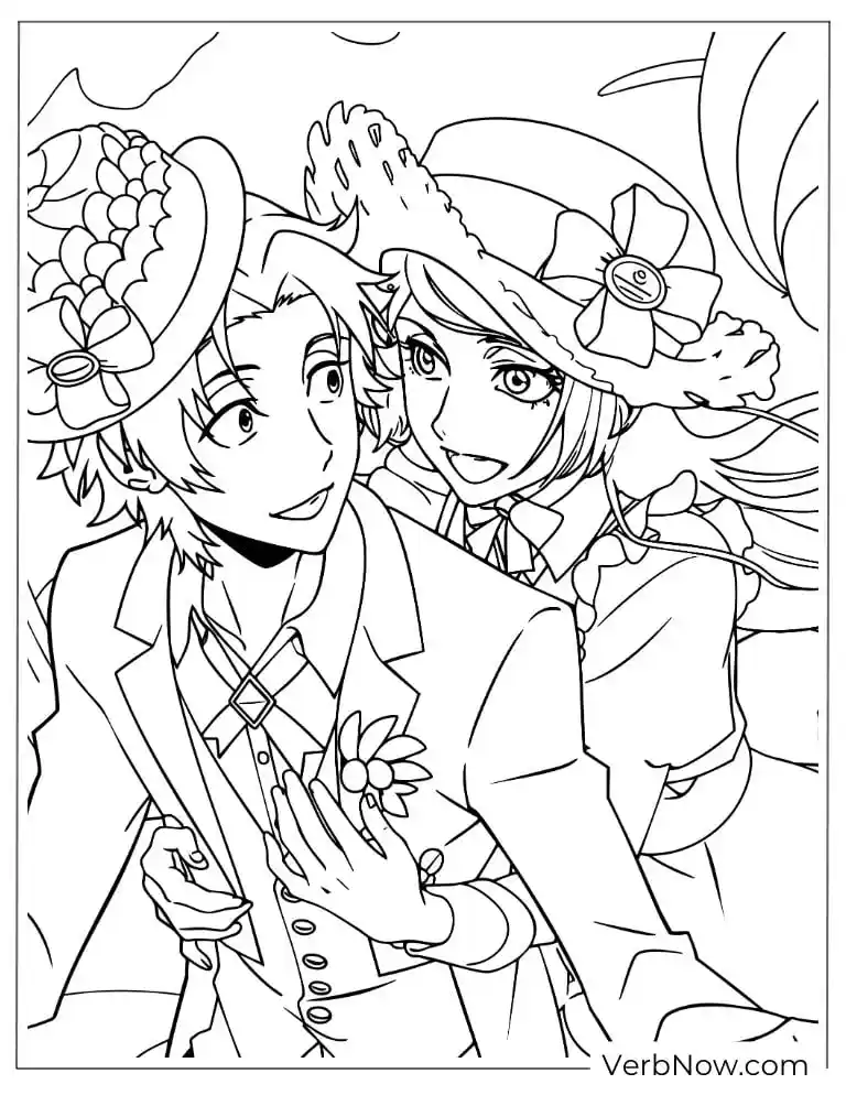 22 Free Bungou Stray Dogs Coloring Pages (Printable PDF) A gentle couple scene with flowers and hats