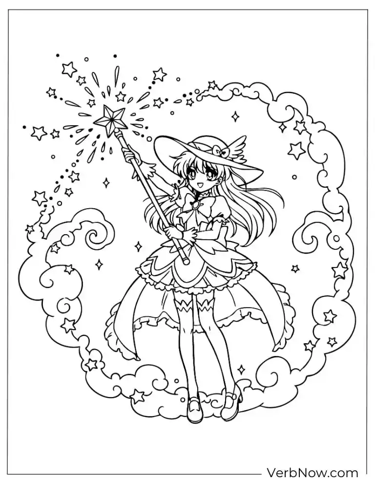 22 Free Cardcaptor Sakura Coloring Pages (Printable PDF) Cute Magical Girl Witch with Star Wand Coloring Page