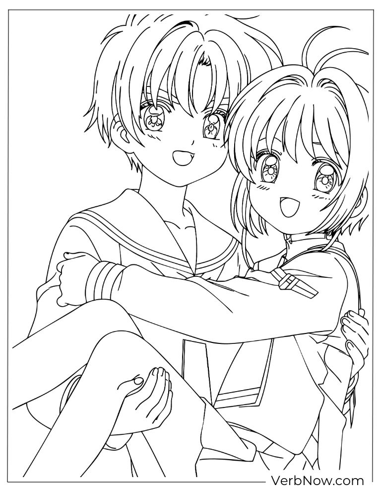 22 Free Cardcaptor Sakura Coloring Pages (Printable PDF) Sakura & Syaoran Carry Pose Anime Coloring Page