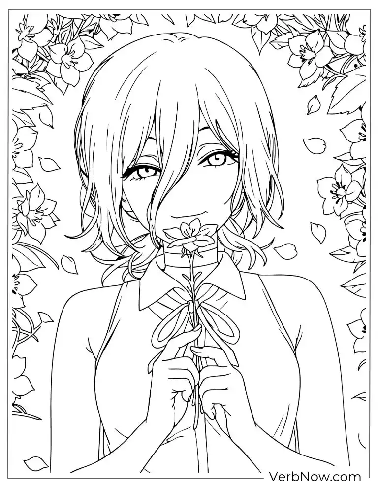 22 Free Chainsaw Man Coloring Pages For Fun (Printable PDF) Makima holding a flower to her face