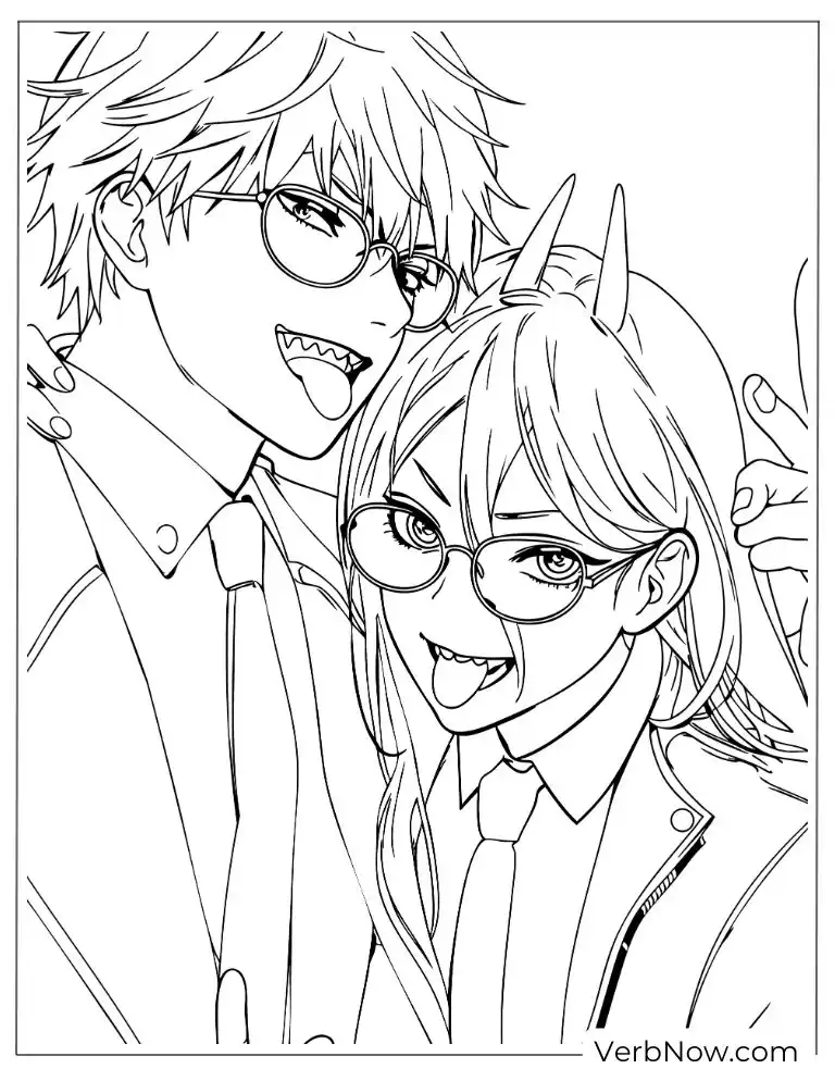 22 Free Chainsaw Man Coloring Pages For Fun (Printable PDF) Denji and Power smiling playfully for a photo