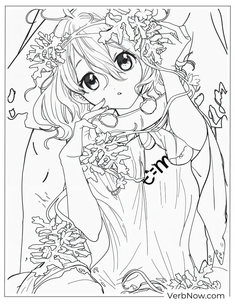 22 Free Dr. Stone Coloring Pages (100% Printable PDF) Cute Anime Girl with Floral Wreath Coloring Page