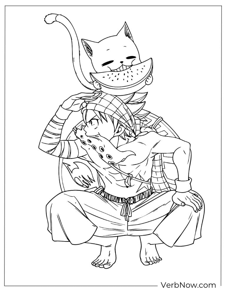 22 Free Fairy Tail Coloring Pages (100% Printable PDF) Natsu and Happy Eating Watermelon Coloring Page