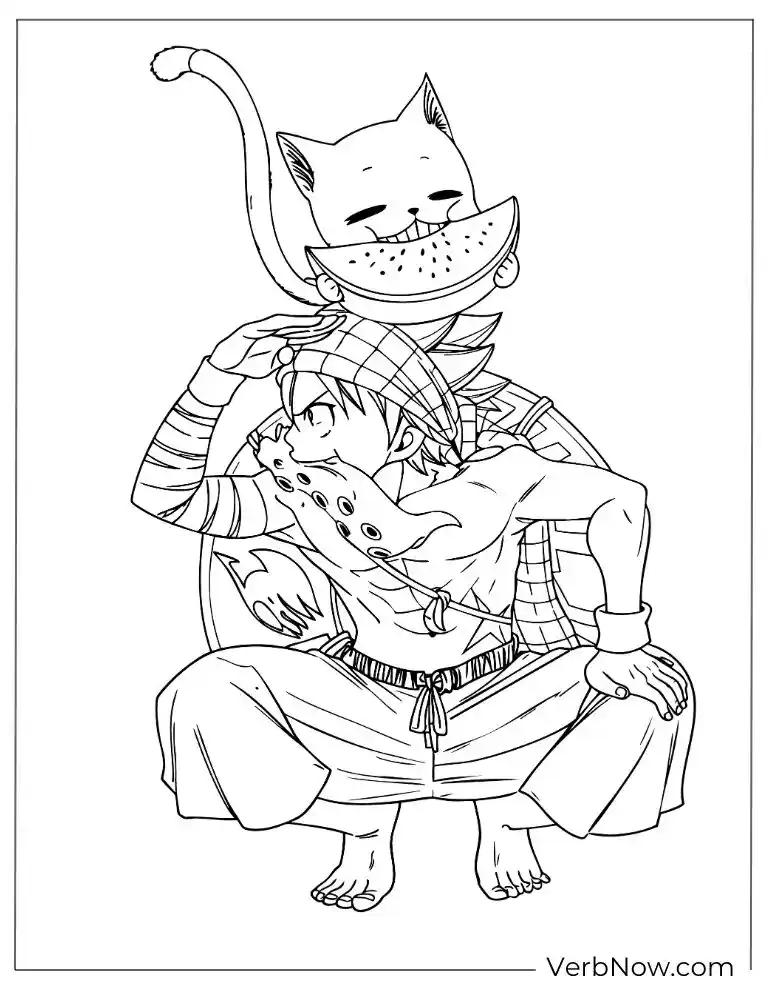22 Free Fairy Tail Coloring Pages (100% Printable PDF) Natsu and Happy Eating Watermelon Coloring Page