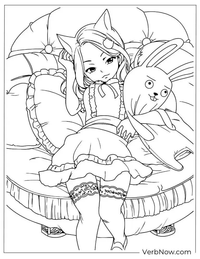 22 Free Fairy Tail Coloring Pages (100% Printable PDF) Cute Anime Neko Girl with Bunny Coloring Page