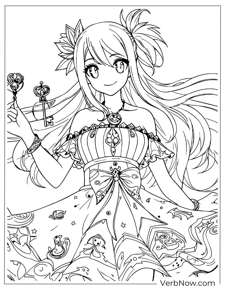 22 Free Fairy Tail Coloring Pages (100% Printable PDF) Fantasy Anime Girl Coloring Page with Keys Outline