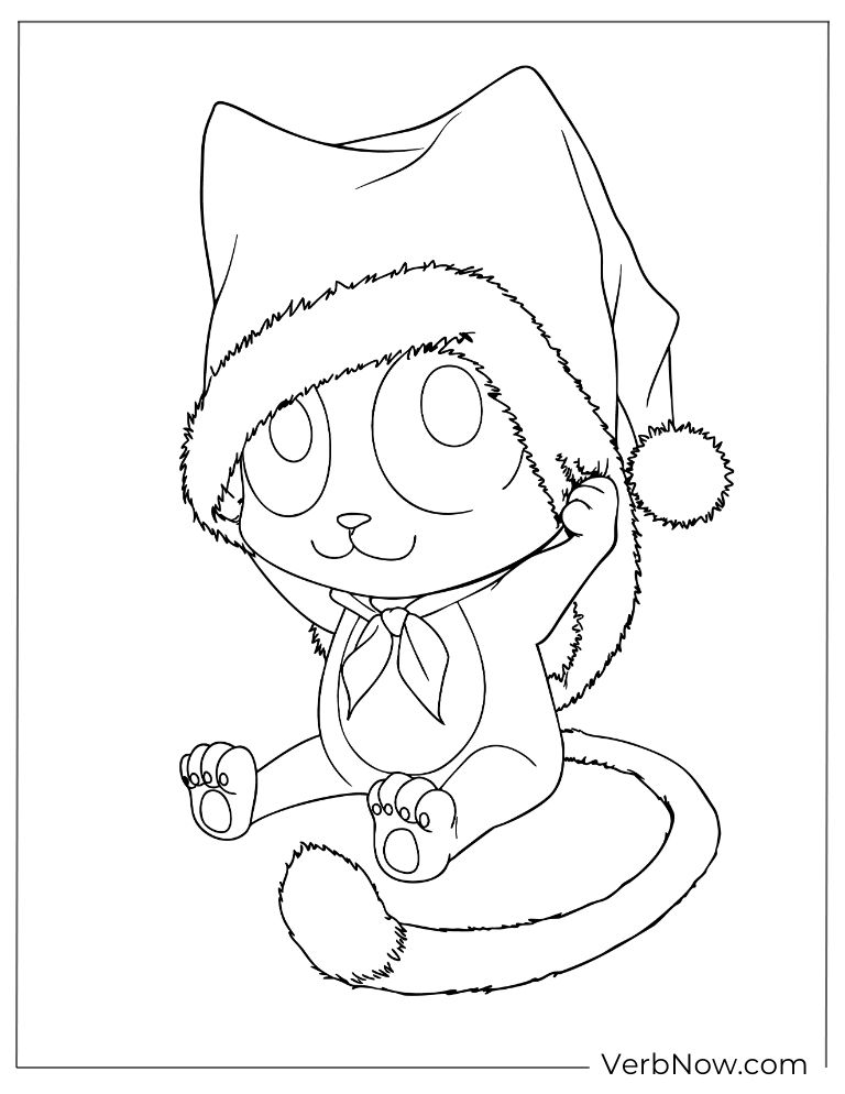 22 Free Fairy Tail Coloring Pages (100% Printable PDF) Cute Kitten in Santa Hat Coloring Page