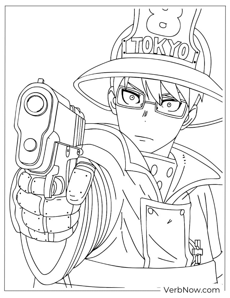 22 Free Fire Force Coloring Pages (Printable PDF) Fire Force Makoto Hinawa Aiming Gun Coloring Page
