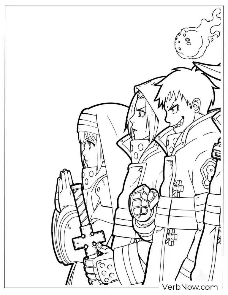 22 Free Fire Force Coloring Pages (Printable PDF) Fire Force Coloring Page: Shinra, Iris & Team 8