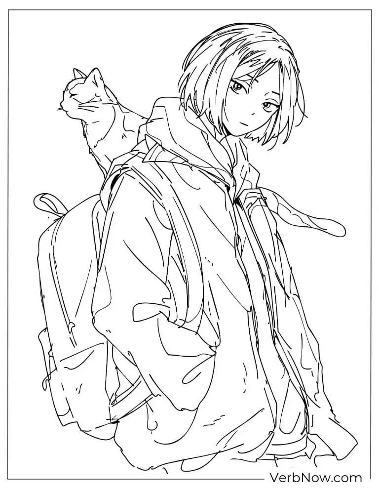 22 Free Haikyuu Coloring Pages for Fan (Printable PDF) Anime Girl and Cat on Backpack Coloring Page