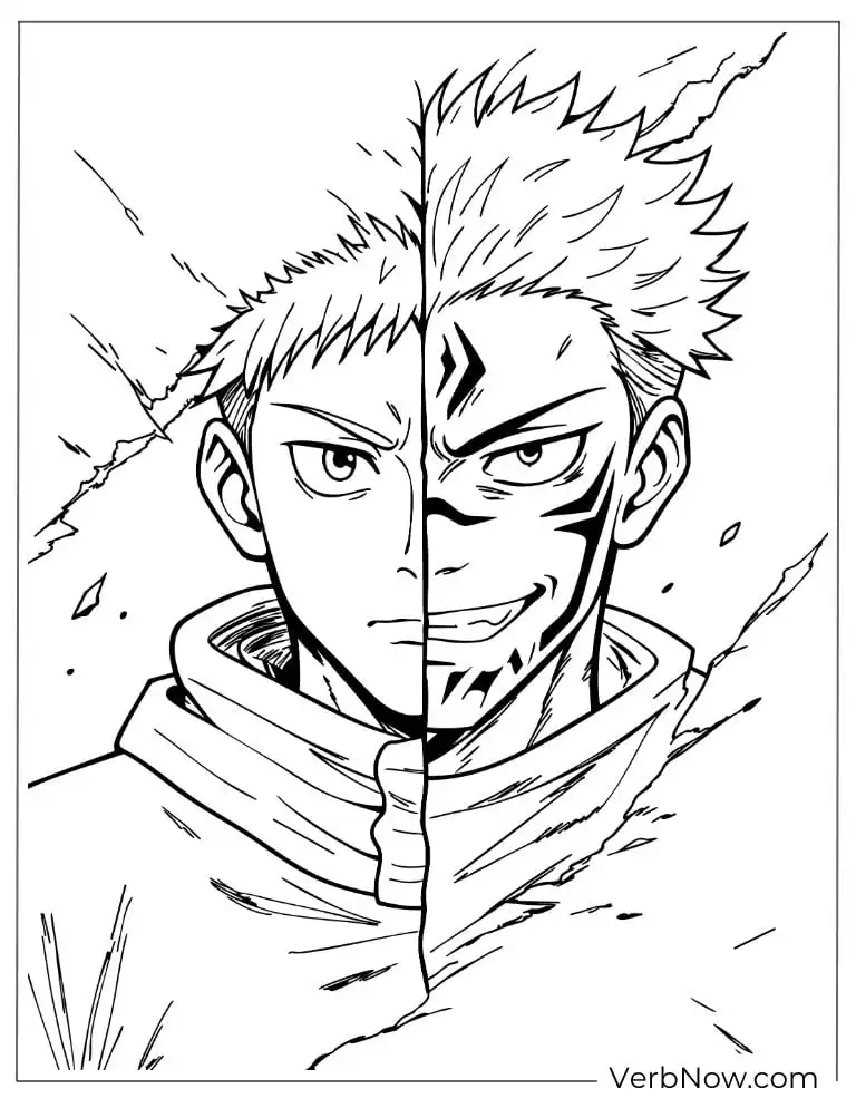 22 Free Jujutsu Kaisen Coloring Pages (100% Printable PDF) Yuji Itadori & Sukuna Split Face Anime Coloring Page