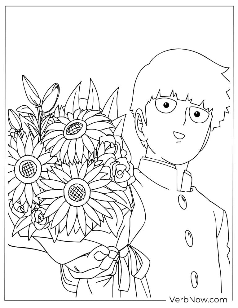 22 Free Mob Psycho 100 Coloring Pages (Printable PDF) Mob Kageyama Holding Sunflower Bouquet Coloring Page
