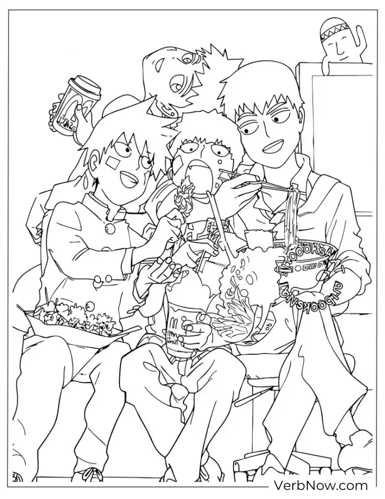 22 Free Mob Psycho 100 Coloring Pages (Printable PDF) Mob Psycho 100 Friends Eating Noodles Coloring Page