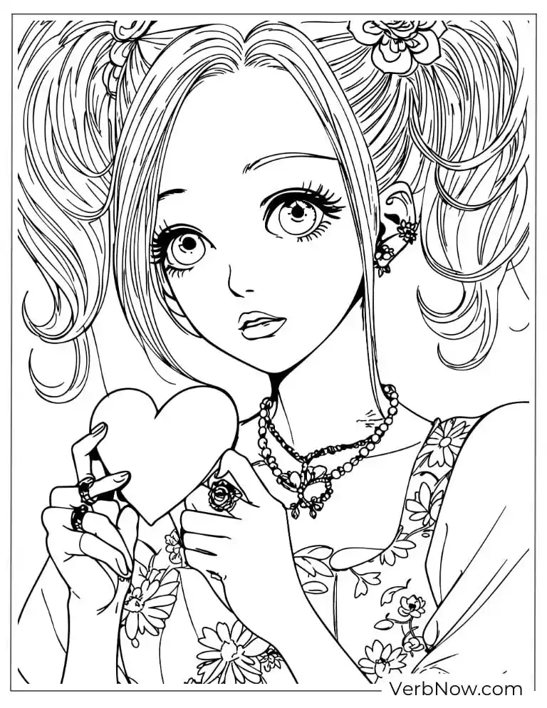 Cute Anime Girl Holding Heart Coloring Page