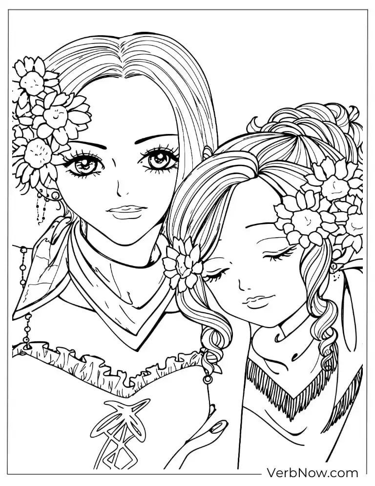 Anime Girls with Flowers Coloring Page