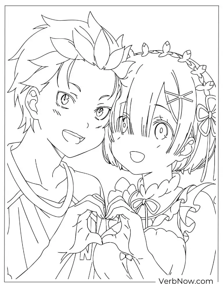 22 Free Re:Zero Coloring Pages (Printable PDF) Re:Zero Subaru and Rem Love Heart Anime Coloring Page