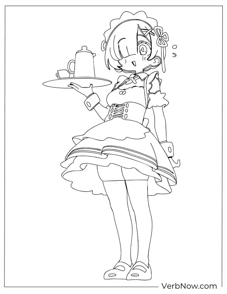 22 Free Re:Zero Coloring Pages (Printable PDF) Anime Maid with Teapot Coloring Page