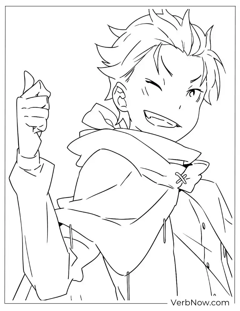 22 Free Re:Zero Coloring Pages (Printable PDF) Natsuki Subaru Winking Thumbs Up Anime Coloring Page