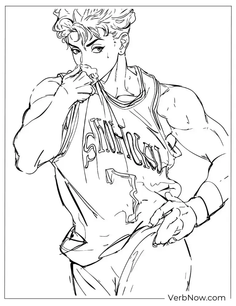 Epic Slam Dunk Coloring Pages – Free & 100% Printable PDF Handsome Anime Boy in Jersey Coloring Page