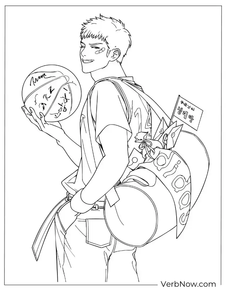 Epic Slam Dunk Coloring Pages – Free & 100% Printable PDF Smiling Anime Boy with Basketball Coloring Page