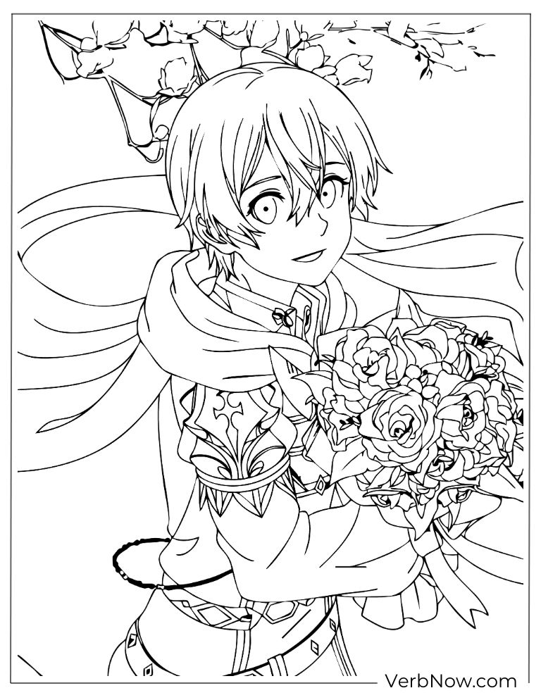 22 Free Sword Art Online Coloring Pages (Printable PDF) Anime Boy Holding Roses Bouquet Coloring Page