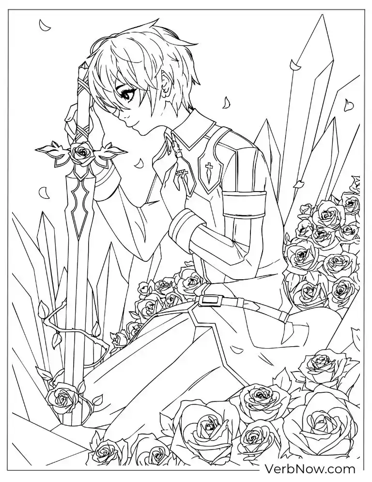 Anime Knight with Sword and Roses Coloring Page